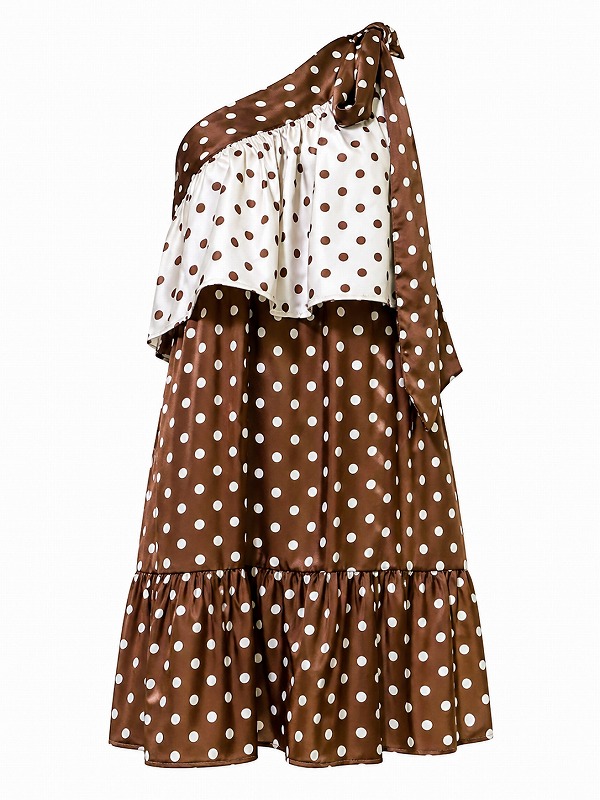 【新品DRESS 27】バイカラードットショルダーリボンワンショルフレアミニドレス ブラウン【asos】